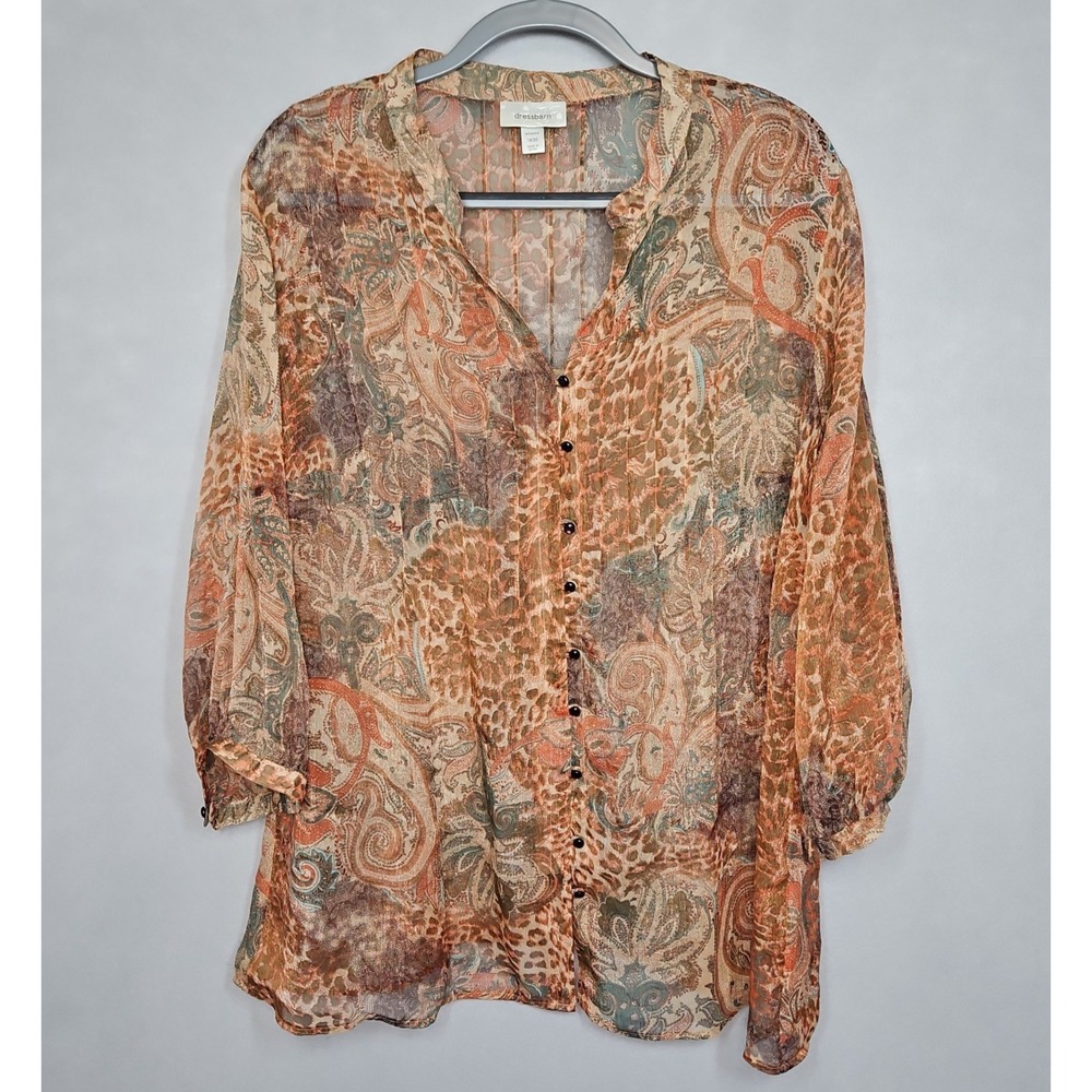 Dressbarn Womens Brown Paisley Floral Semi Sheer Button Up Blouse Size 18/20